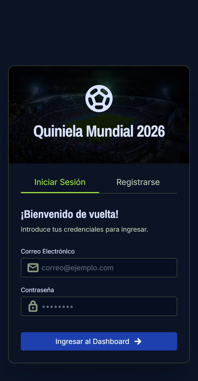 Pantalla de inicio de sesión de Quiniela Mundial 2026 en un celular, con un estadio de fondo y el formulario de correo y contraseña.